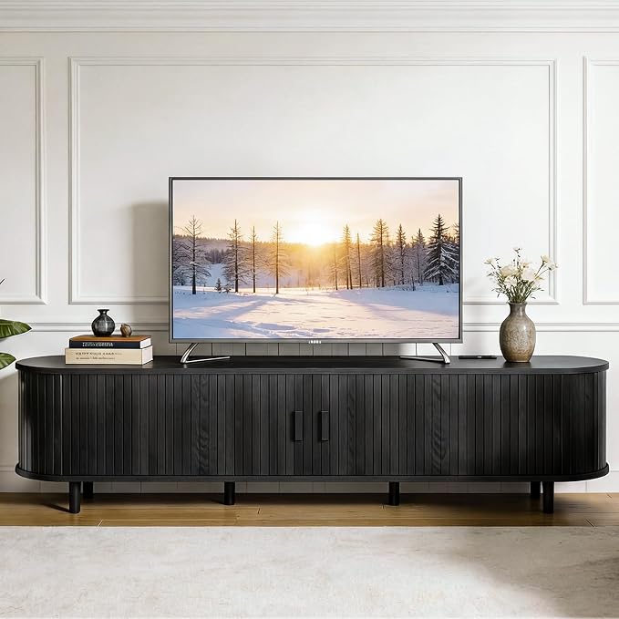80" Mid Century Modern TV Stand, Wood TV Consoles with Sliding Doors and Power Outlet, Fluted Entertainment Center with Adjustable Shelves, Media Console for Living Room, Black