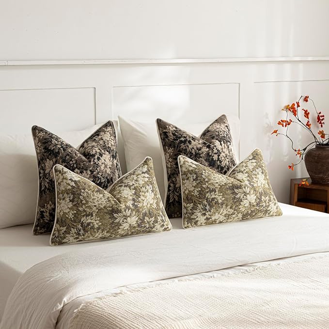 DEZENE Pack of 2 Vintage Floral Pillow Covers 12x20 Boho Farmhouse Accents Chenille Rectangular Lumbar Decorative Throw Pillow Cases for Living Room Couch Bed Home Decor, Beige
