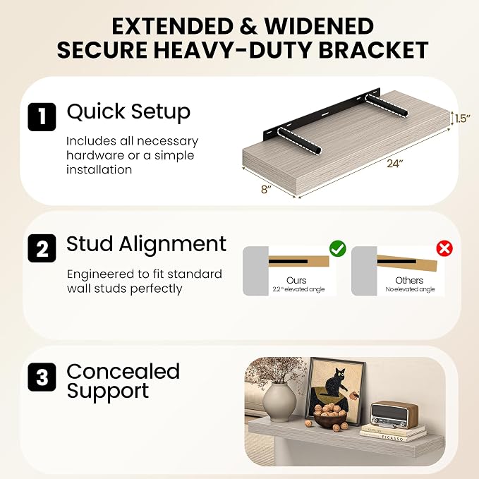 Fun Memories 60 Inch Floating Shelves for Wall, 8 Inch Deep Wall Mounted Wood Shelves with Invisible Brackets for Bathroom, Bedroom & Kitchen Storage Decor, Grey, 1 Pack