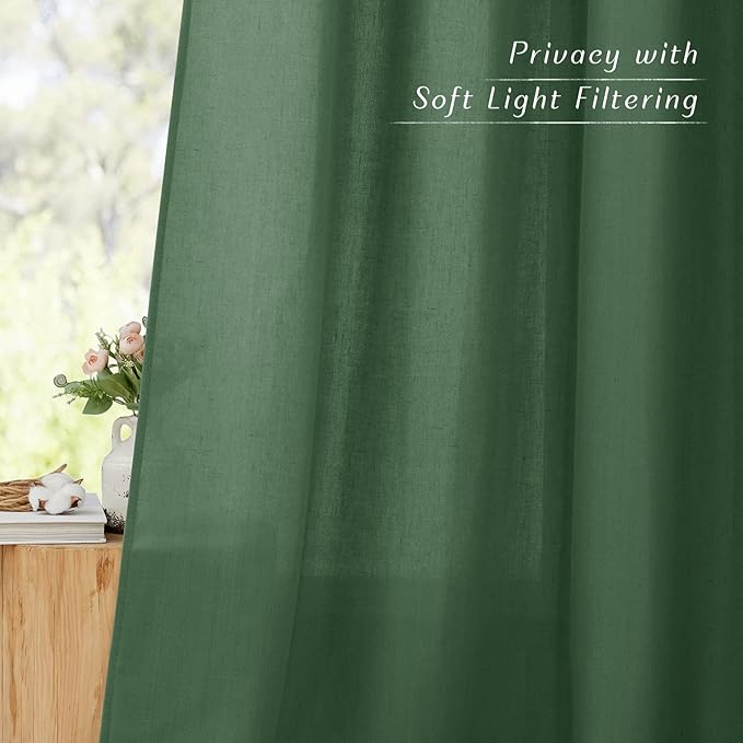 NICETOWN Olive Green Curtains 84 inch Length 2 Panels, Grommet Linen Blend Privacy Added Thick Flax Boho-Chic Light Filtering Semi Sheer Window Drapes for Home Office/Living Room, W55 x L84