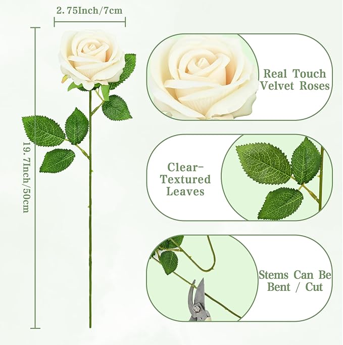 Waipfaru 50 Pcs Champagne Yellow Roses, Fake Roses Artificial Velet Flowers for Valentines Mothers Day Wedding Centerpieces Decor (Champagne)