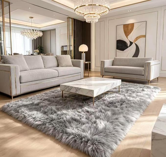 Faux Fur Rug Fluffy Sheepskin Area Rug,Ultra Soft Shaggy Plush Rug Bedroom Living Room Sofa Floor Kids Room Bedside（3 x 5 ft Rectangle Grey）