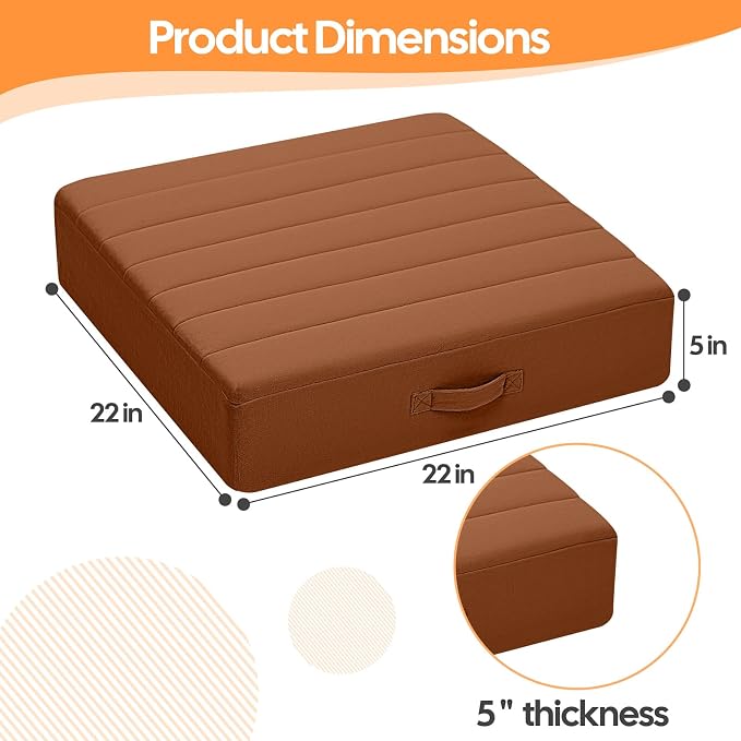 MeMoreCool Square Floor Pillow Seating for Adults Kids, Large Meditation Cushion Floor Pillow with Thick Foam & Soft Tufted Cover, Washable Big Pillow Seat Floor Cushion for Sitting Yoga 22" Coffee