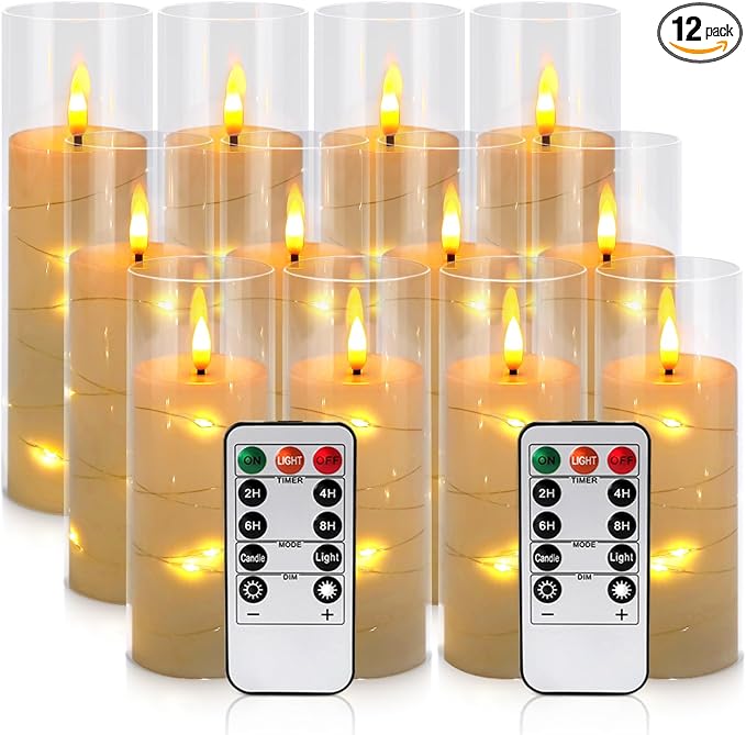 Pack of 12 Ivory Flickering Flameless Candles (D2.2 X H 5" 6" 7") Battery Operated with Remote, White LED Pillar Candles with Realistic Moving Wick for Halloween, Christmas, Home Decor & Wedding.