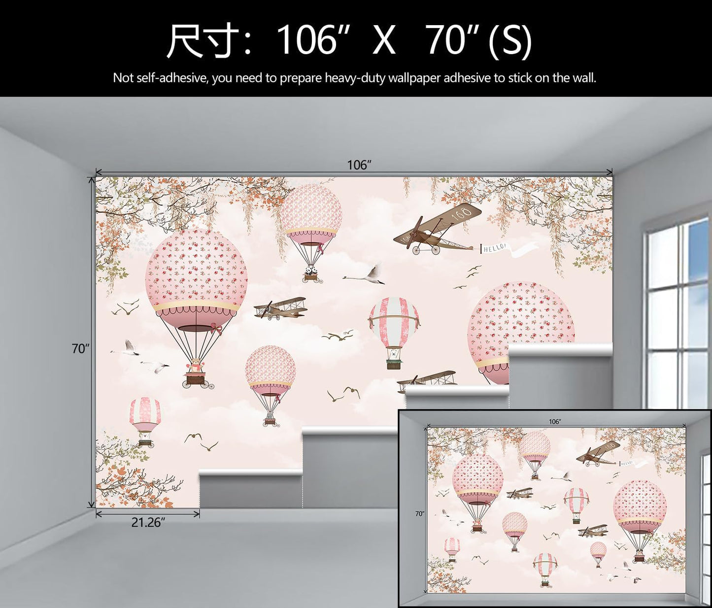 WFBHUA-Hot Air Balloon Wallpaper Mural Cute Animals Airplanes Pink Wallpaper for Nursery Wall Decoration Girls Bedroom Baby Room Kids Room (Not Peel and Stick)