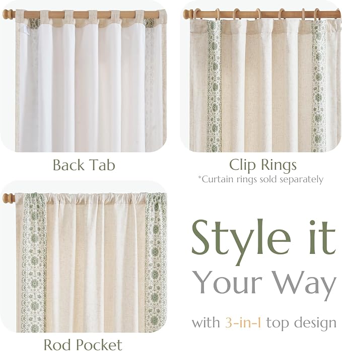 jinchan Weslie Boho Lined Linen Curtains for Bedroom Sage Green Vintage Floral Farmhouse Curtains 96 Inches Long Linen Drapes for Living Room Embroidered Drapes Sage on Beige 2 Panels