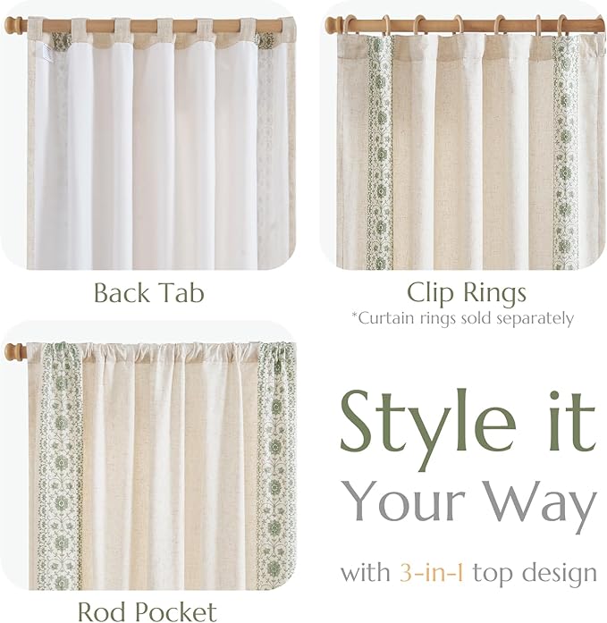 jinchan Weslie Boho Lined Linen Curtains for Bedroom Sage Green Vintage Floral Farmhouse Curtains 84 Inches Long Linen Drapes for Living Room Embroidered Drapes Sage on Beige 2 Panels