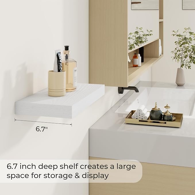 Dreamland 16" White Floating Shelves 6.7" Deep Wall Mounted Set of 2 | Wall shelves for bathroom, bedroom, Living Room, kitchen, deep wall mount wood storage display for home decor 16" x 6.7"