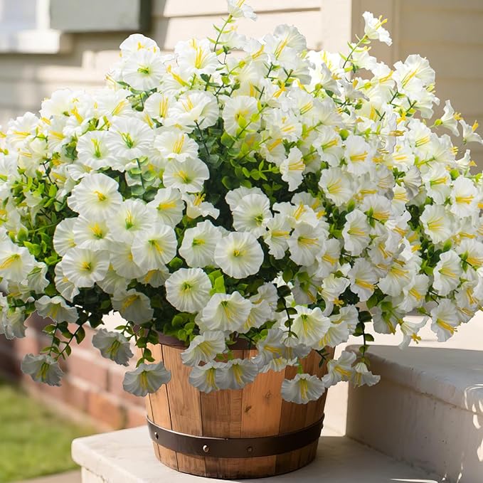 Grunyia Artificial Morning Glory Flowers - 16PCS White UV Resistant Faux Silk Plastic Blooms, Realistic Fake Plants for Garden Porch Planters Window Wedding Indoor Outdoor Decor