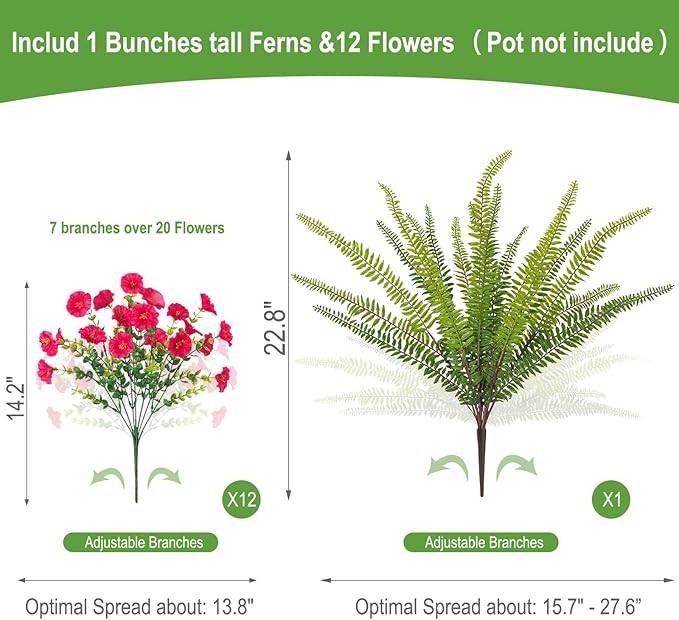 Hrobek Artificial Flowers for Outdoors Faux Plants Outside Indoor,UV Resistant Silk Fake Petunia Ferns for Home Patio Garden Back Yard Front Porch Decor(13 Bunches,Hot Pink)