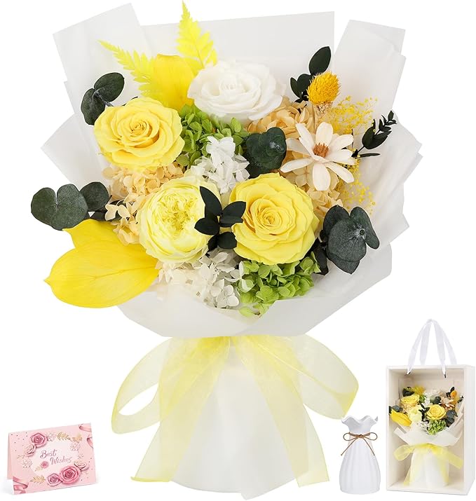 Flowers for Delivery Prime Preserved Flowers Bouquet That Last 3-5 Years Real Forever Roses Bouquet for Her Women Wife Grandma Anniversary Birthday Mothers Day Gifts for Mom(Yellow)