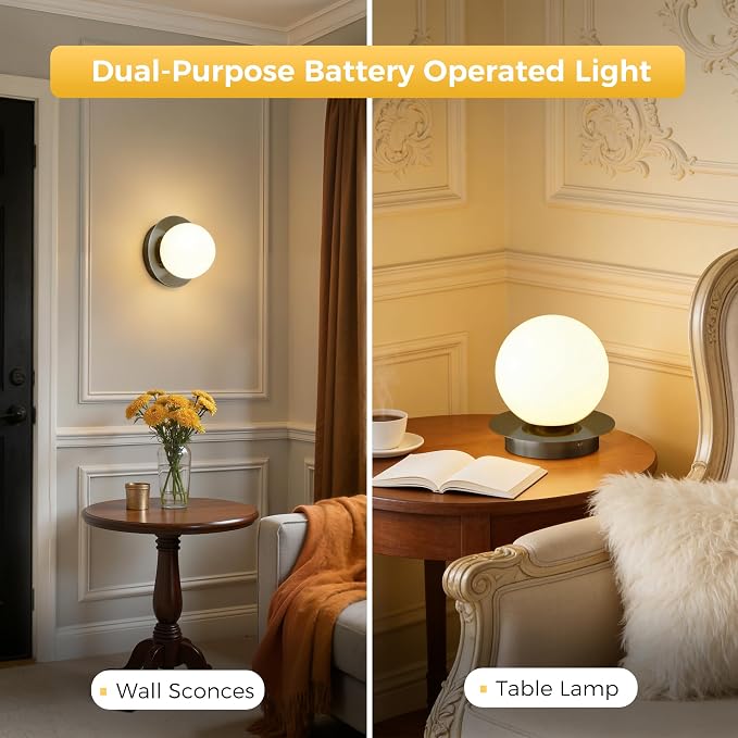 L LOHAS LED Battery Operated Wall Sconce Set of 2, 2-in-1 Rechargeable 10000mAh Wireless Globe Wall Lights with Remote, 16 RGB Colors Dimmable Modern Black Sconces for Bedroom & Living Room Decor