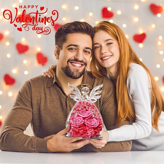 Beferr Mothers Day Mom Birthday Gifts for Women, Fresh Flowers for Delivery Forever Preserved Rose in Glass Angel Figurine, Anniversary Christian Real Rose for Grandma Nana Wife Mum from Daughter Son