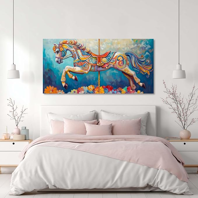 Ggaafet Colorful Carousel Wall Art for Bedroom Canvas Oil Painting Prints Beautiful Circus Horse Art Deco Modern Artwork Office Family Dining Room Decor