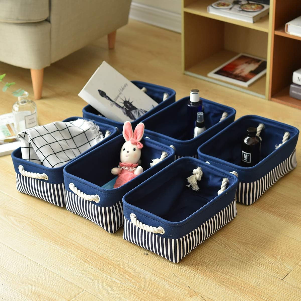 TcaFmac Small Storage Baskets [6 Pack] - Navy Blue Rectangular Storage Bins with Blue Stripes