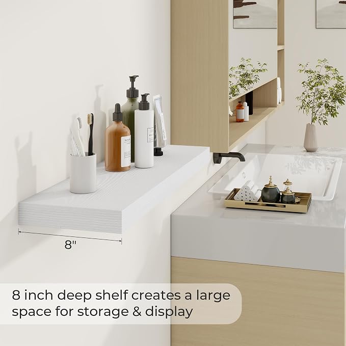 Dreamland 30Inch White Floating Shelves 8" Deep Wall Mounted Set of 2 | Wall shelves for bathroom, bedroom, Living Room, kitchen, deep wall mount wood storage display for home decor 30" x 8"