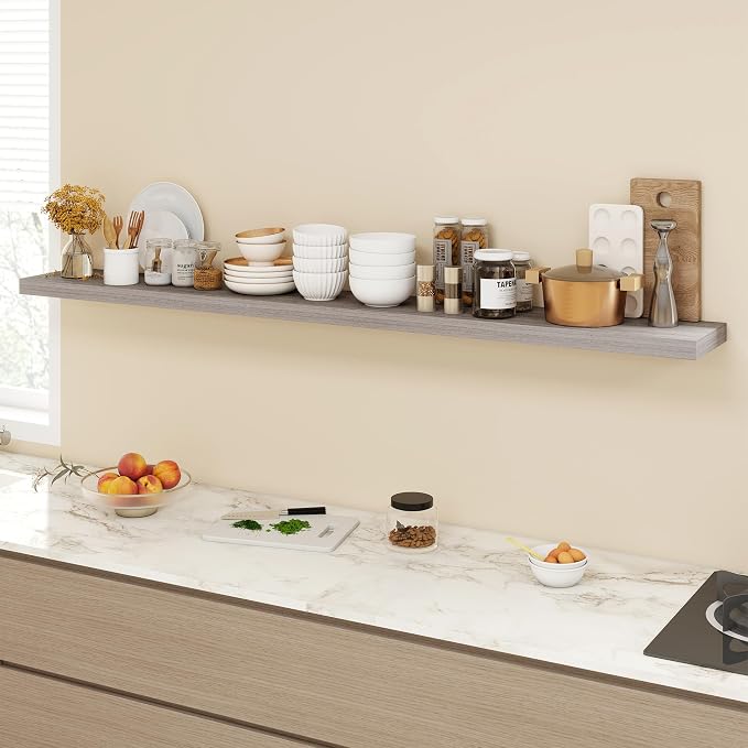 Acovy 72 Inch Floating Shelves, 9.3" Deep Floating Shelf Wall Mounted, 72" Wall Shelves, Rustic Deep Bookshelf, Large Display Shelves & Storage Shelves for Bedroom, Living Room, Grey, Set of 1