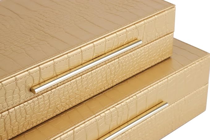 HofferRuffer Faux Leather Decorative Boxes Set of 2, Large Nesting Keepsake Box Accessory Organizer Jewelry Organizer with Hinged Lid, Stacking Storage Box Container for Home or Office (Gold)