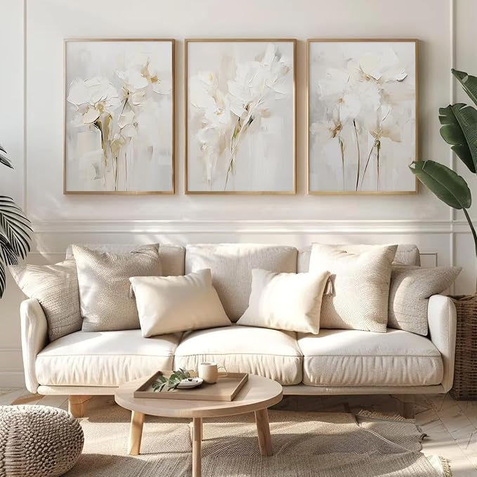 Neutral Wall Art Abstract Floral Canvas Pictures Beige Flower Wall Decor Modern Painting Minimalist Poster Abstract Botanical Prints White Artwork for Bedroom Living Room 24x36 Inch Unframed Set of 3