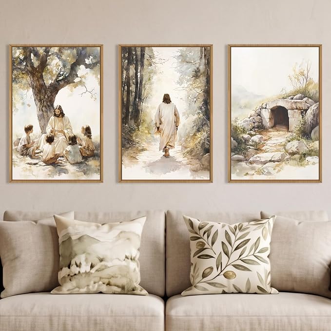 Large Jesus Teaching Children on Path Framed Canvas Wall Art,Empty Tomb Christian Wall Decor,Spiritual Religious Bible Artwork for Living Room,Bedroom,Dining Room,Office-24 x36 x3