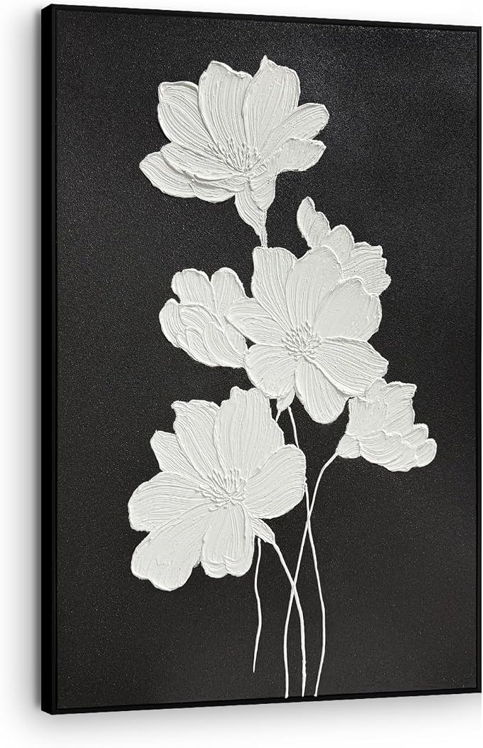 SAFERRYHOME White Flower Hand Painted Wall Art, Large Modern Floral Framed Canvas Wall Decor, 3D Texture Flower Oil Painting Nature Artwork for Home Office Living Room Hallway, 24"x36"