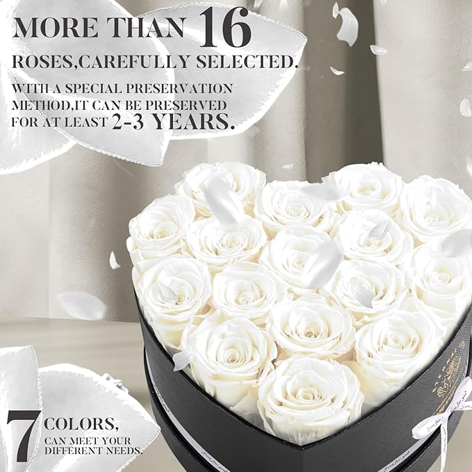 Impouo 16-Piece Forever Flowers Heart Shape Box - Preserved Roses, Birthday Gifts for Women- Flower Delivery Prime, Valentines, Anniversary, Wedding Gifts- White Roses