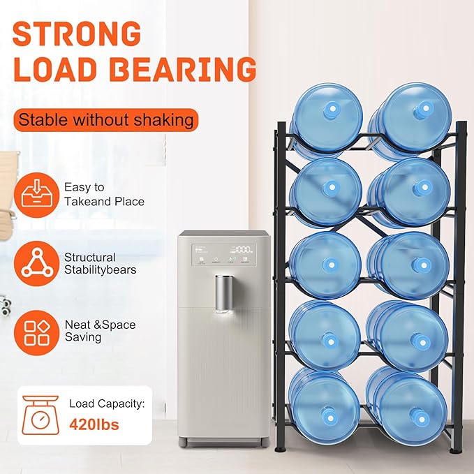 Semoprus 5 Gallon Water Bottle Holder for 10 Bottles, 5 Tiers Double Row Water Jug Holder, Detachable Heavy Duty Water Jug Stand, Water Jug Rack for Office, Kitchen, Garages, Restaurant, and Gym