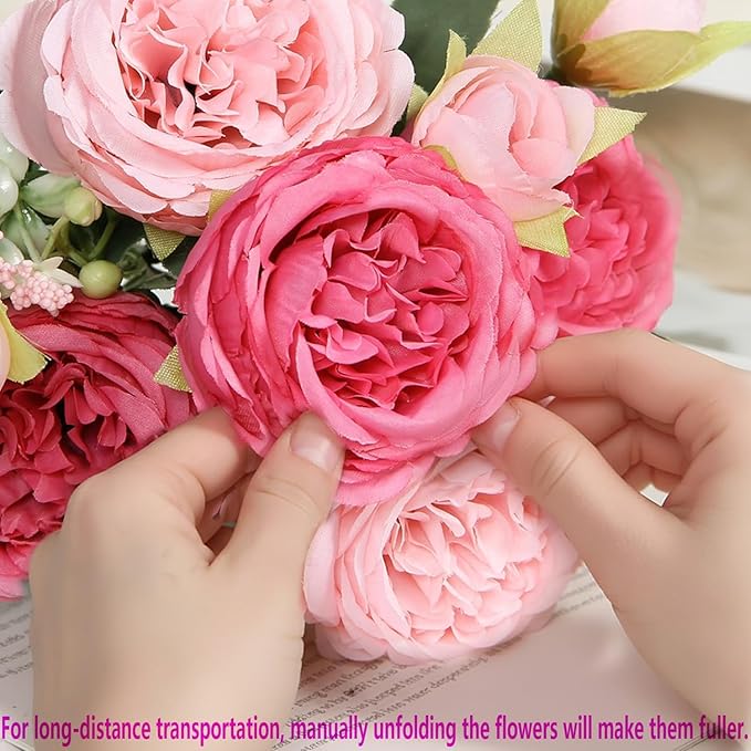 peonies artificial flowers 12 Bundles pink flowers bouquet, Lifelike Silk Fake Peonies with Stems for Home Table Centerpieces, Wedding, Party & DIY Bridal Floral Arrangements (Rose red + pink)
