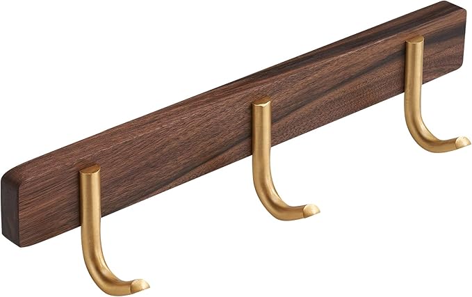 Wall Mounted Coat Rack, Entryway Hanging Coat Rack, Metal Wood Coat Rail with 3 Rustic Hooks Rail for Coat, Scarf, Bag, Towel, Key, Cap, Hat, Walnut Gold Matt