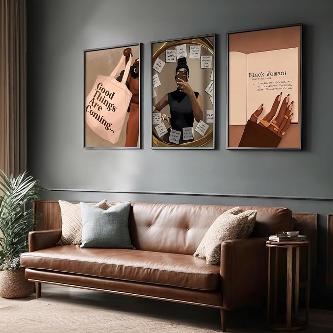 Black Girl Wall Art African American Woman Canvas Wall Decor Black Female Wall Art Fashion Women Poster Feminine Boho Pictures Abstract Paintings for Bedroom Bathroom 24x36 Inch Unframed Set of 3