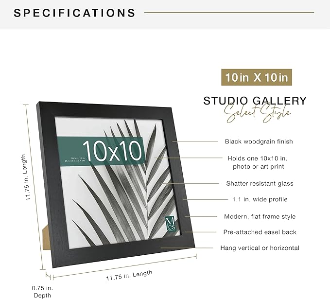 MCS Studio Gallery 10x10 Picture Frame Black Woodgrain Engineered Wood, Wall Hanging & Easel for Tapletop Display, Square Photo Frame for Photos, Posters & Art Prints (1-Pack)