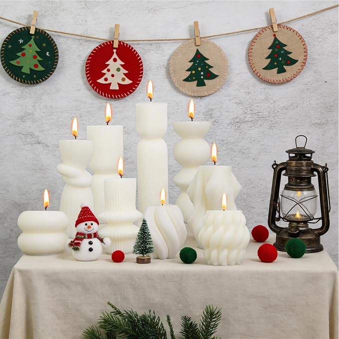 10 Pcs Pillar Candles White Aesthetic Modern Candles Set Soy Wax Handmade Ribbed Decor for Housewarming Gift, Home Decor, Table Decor, Shelf