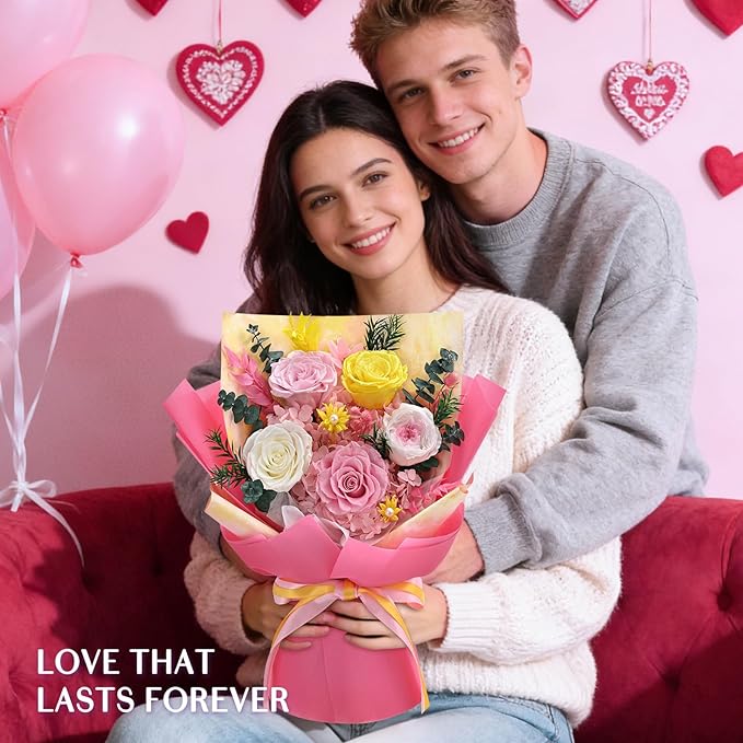 5 Pcs Glitter Pink Preserved Roses Flowers Bouquet, Forever Rose Flowers for Delivery, Birthday Gifts for Women, Long-Lasting Red Roses with Vase Gift Box, Forever Flowers for Wife Mothers Day
