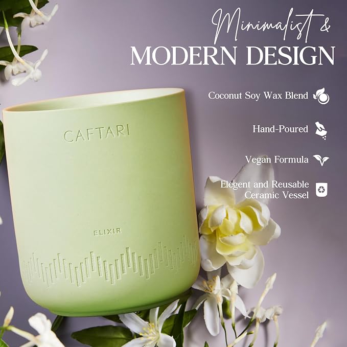 CAFTARI Elixir Scented Candle for Women & Men | Bergamot and Tea Accord | Non Toxic Candle | Premium Soy Coconut Wax Blend | Vegan Aromatherapy | Elegant Ceramic Jar | Luxury Gift | 10.5 oz