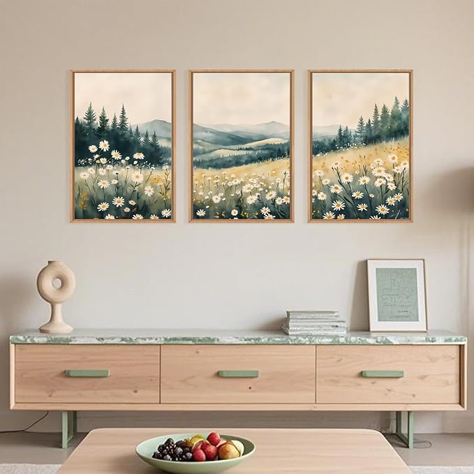 Large Misty Mountain Framed Canvas Wall Art,Nature Daisy Flower Wall Decor,Modern Foggy Forest Painting,Abstract Woodland Landscape Artwork for Living Room,Bedroom,Dining Room-16"x24"x3