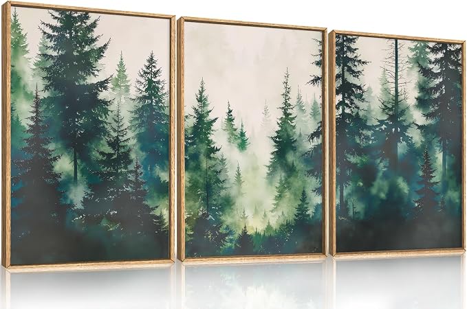DRACIT Watercolor Misty Green Forest Framed Canvas Wall Art Set,Modern Foggy Pine Tree Wall Decor,Calming Greenery Boho Landscape Artwork for Living Room,Bedroom,Office-24 x36 x3
