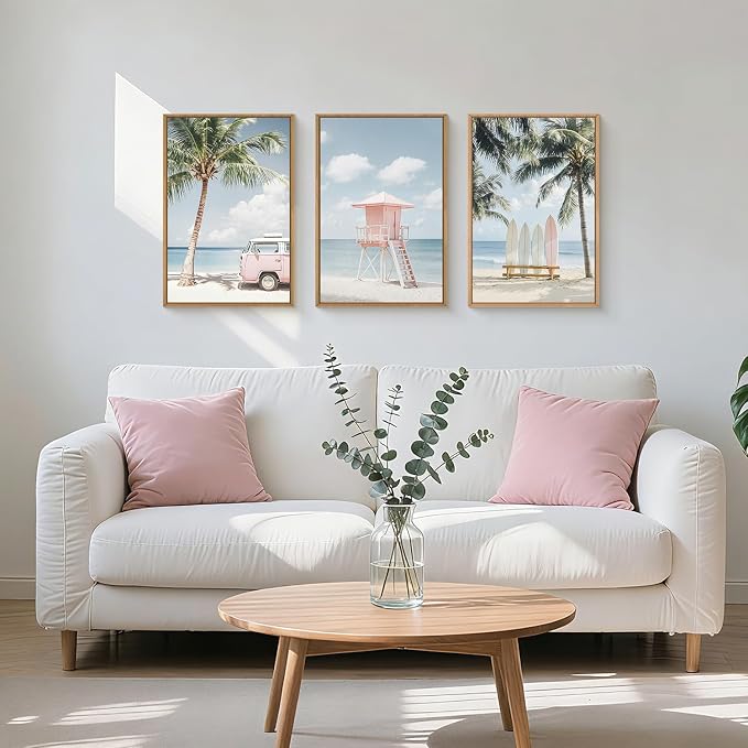 Large Beach Seascape Ocean Framed Canvas Wall Art Set,Modern Coastal Surfboard Palm Tree Wall Decor,Summer Pink Van Artwork for Living Room,Bedroom,Dining Room,Office-24 x36 x3