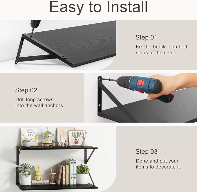 Fun Memories 10 Inch Deep Floating Shelves, Black Floating Shelf 16 Inch Long, 16" W x 10" D Wall Shelves Set of 2, Deep Shelves for Books, Wide Floating Shelves for Bahtoom, Living Room, Kitchen