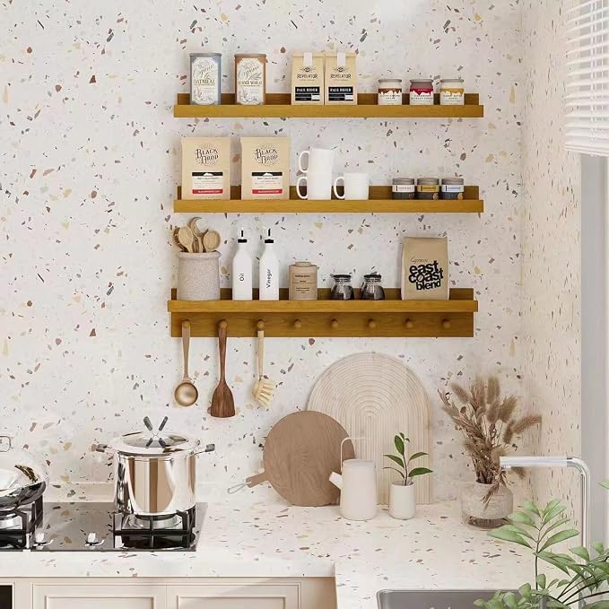MBYD Solid Wood Light Walnut Floating Nursery Shelves for Living Room, 36 Inch Wall Shelf with Hooks & Wooden Pegs, Picture Ledge to Organize Kitchen Decor, Declutter Small Items & Hang Accessories