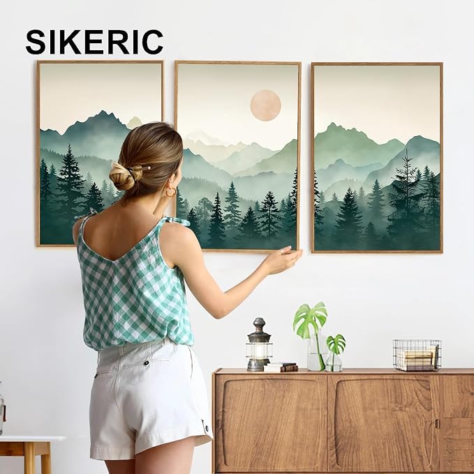 SIKERIC Sage Green Boho Mountain Wall Art, Large Modern Sunrise Framed Canvas Art Prints Set of 3, Nature Landscape Wall Decor, Watercolor Misty Forest Wall Paintings for Living Room, Bedroom- 24X36in