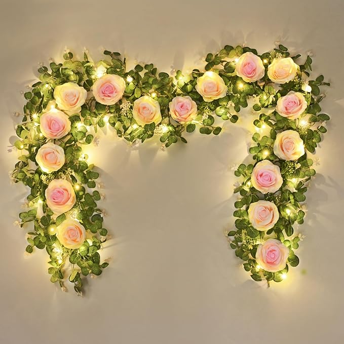 Dolicer 2Pcs Artificial Eucalyptus Garlands with Flowers - 8 Roses, Faux Floral Greenery Garlands Fake Flower Vines for Wedding Table Centerpieces Arch Party Decor (Pink)