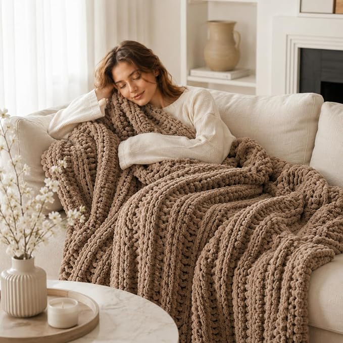 Battilo Chunky Knit Throw Blanket for Couch, 50"x60",Taupe | Hand Knit with Chunky Chenille Yarn, Chenille Blanket, Cozy Warm Thick Soft knitted Blanket for Bed, Sofa, Living Room