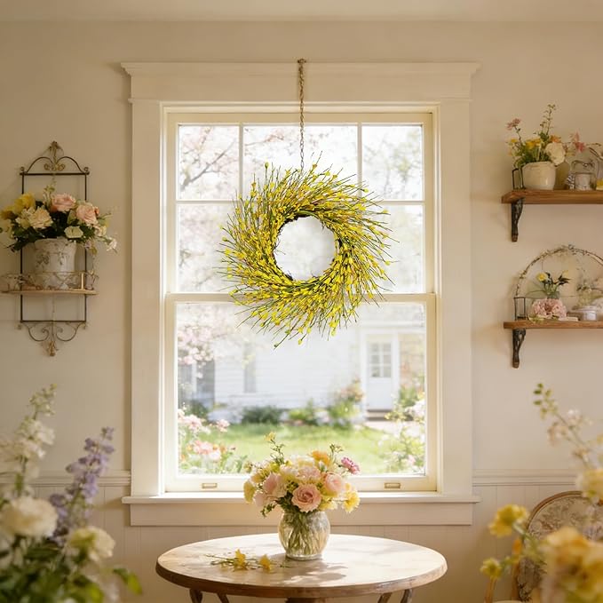 Bibelot 20inch Artificial Forsythia Flower Wreath, All Year Around Wreath for Front Door, Wedding Window Home Wall Indoor Front Door Decor (Yellow, 20in)
