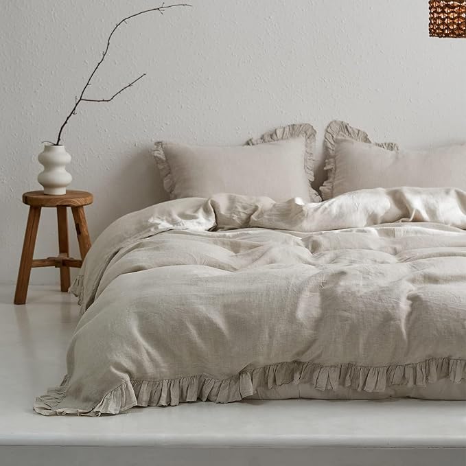 Simple&Opulence 100% Linen Duvet Cover Set, Natural French Flax Ruffle Duvet Cover Twin Size, Breathable Comfy Linen Bedding Comforter Cover with 1 Pillowcase (Natural Linen, 68" X 86")