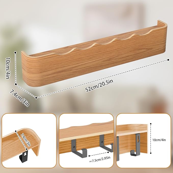 Wall Mounted Coat Rack with Shelf, Wooden Entryway Organizer with Hidden Metal Hooks for Hanging Coats Bags Keys, Modern Floating Shelf for Hallway Bathroom