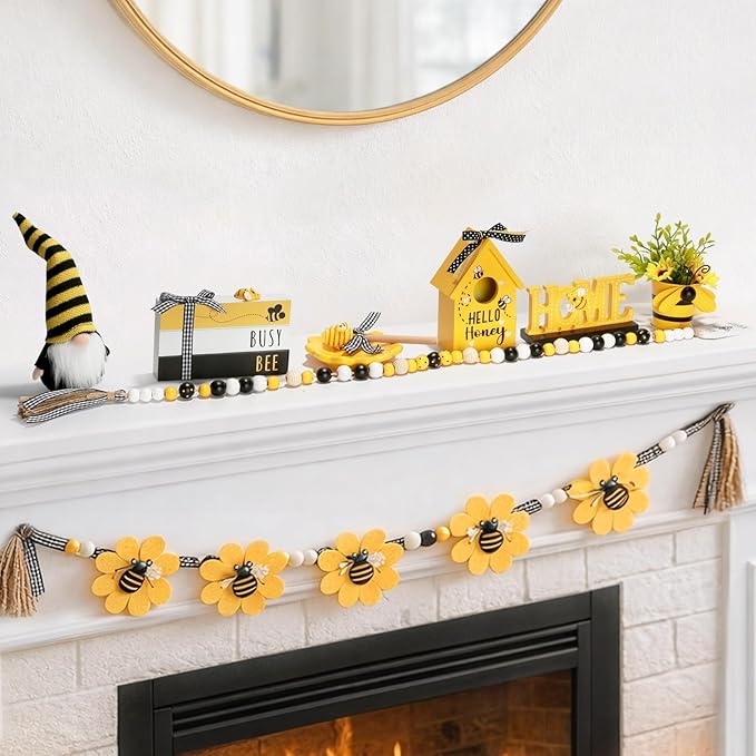 Spring Decorations 8 Pcs Bee Tiered Tray Decor Set, Summer Bumble Bee Décor for Kitchen Shelf Mantel Farmhouse Tabletop Spring Summer Decorations for Home Office Indoor Beehive Gnome Decorative Bundle