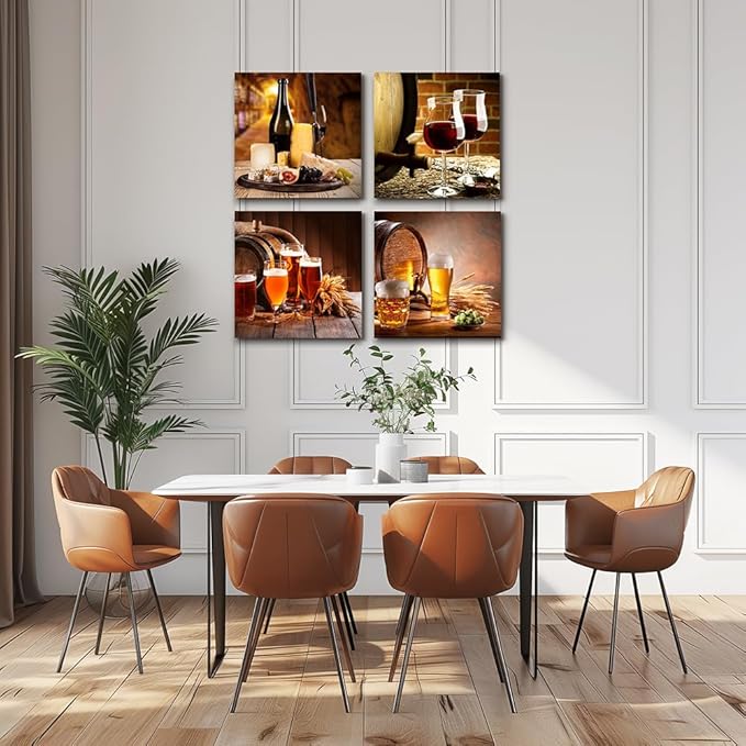 Kitchen wall decor Restoring ancient ways Still life Wine glass Wine barrel Canvas Prints Wall Art for Dining Room Bar Home Decorations 16x16 inch/4 piece restaurant posters decor Artwork Home decor