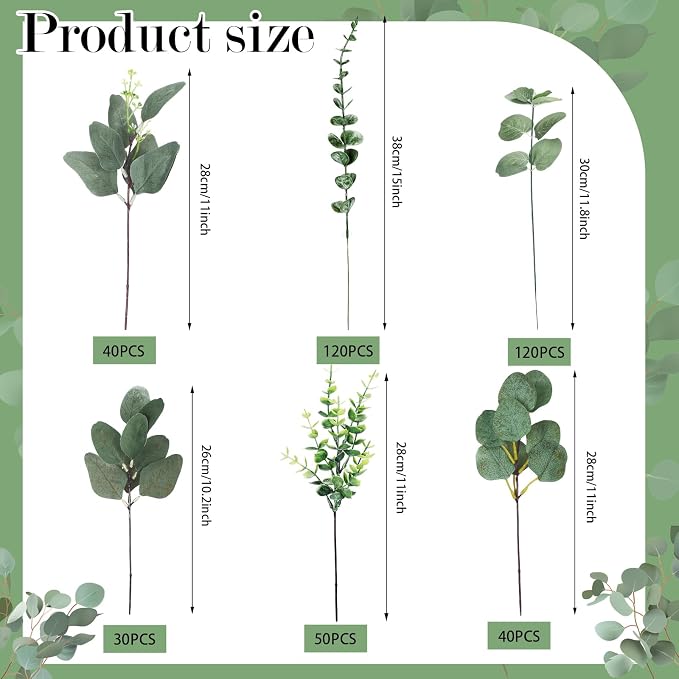400 Pcs 6 Kinds Mixed Eucalyptus Leaves Stems Bulk Artificial Greenery Plants Fake Silver Dollar Eucalyptus Bundle Faux Plants Greenery for DIY Bouquets Floral Arrangement Wedding Engagement Decor