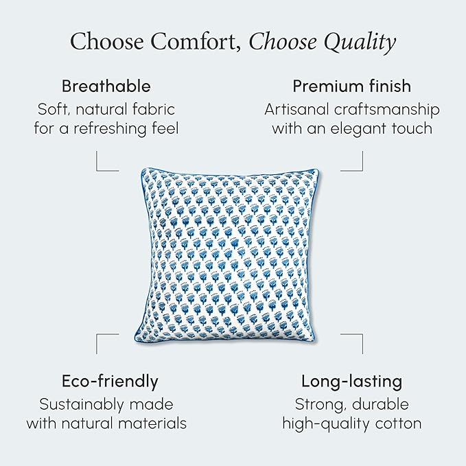 CPC 100% Cotton Throw Pillow Covers 18x18 Inch, Set of 2 Blue Block Print Pattern Couch Pillow, Cute Boho Decorative Pillows for Living Room, Bedroom with Hidden Zipper- Apatite Blue