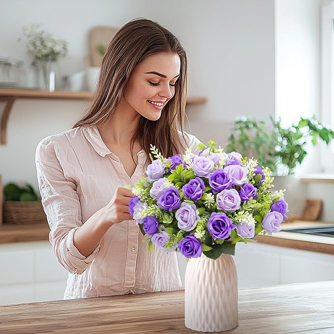 TURNMEON 40 Heads Fake Roses Artificial Flowers for Outdoors, 4 Bouquets UV Resistant Fake Flower Bouquet Faux Silk Roses for Wedding Birthday Party Home Mother's Day Cemetery Summer Decor(Purple)